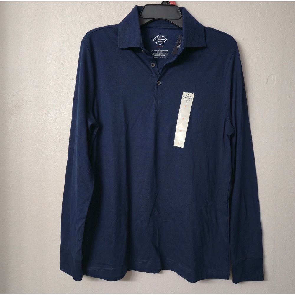 St Johns Bay Mens Long Sleeve Polo Shirt Navy Blue Classic Fit Size S NWT